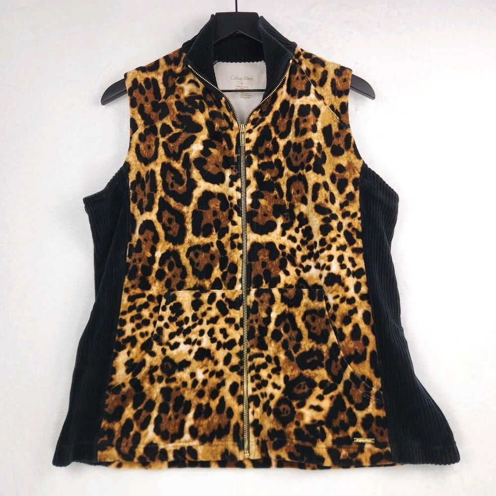 Calvin‎ Klein Full Zip Fleece Vest Women's XL Animal Print Corduroy Rib Chic